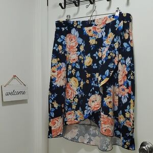 Hot Gal Size 3X Navy Floral High-Low Wrap Skirt in Coral and Yellow Made In USA